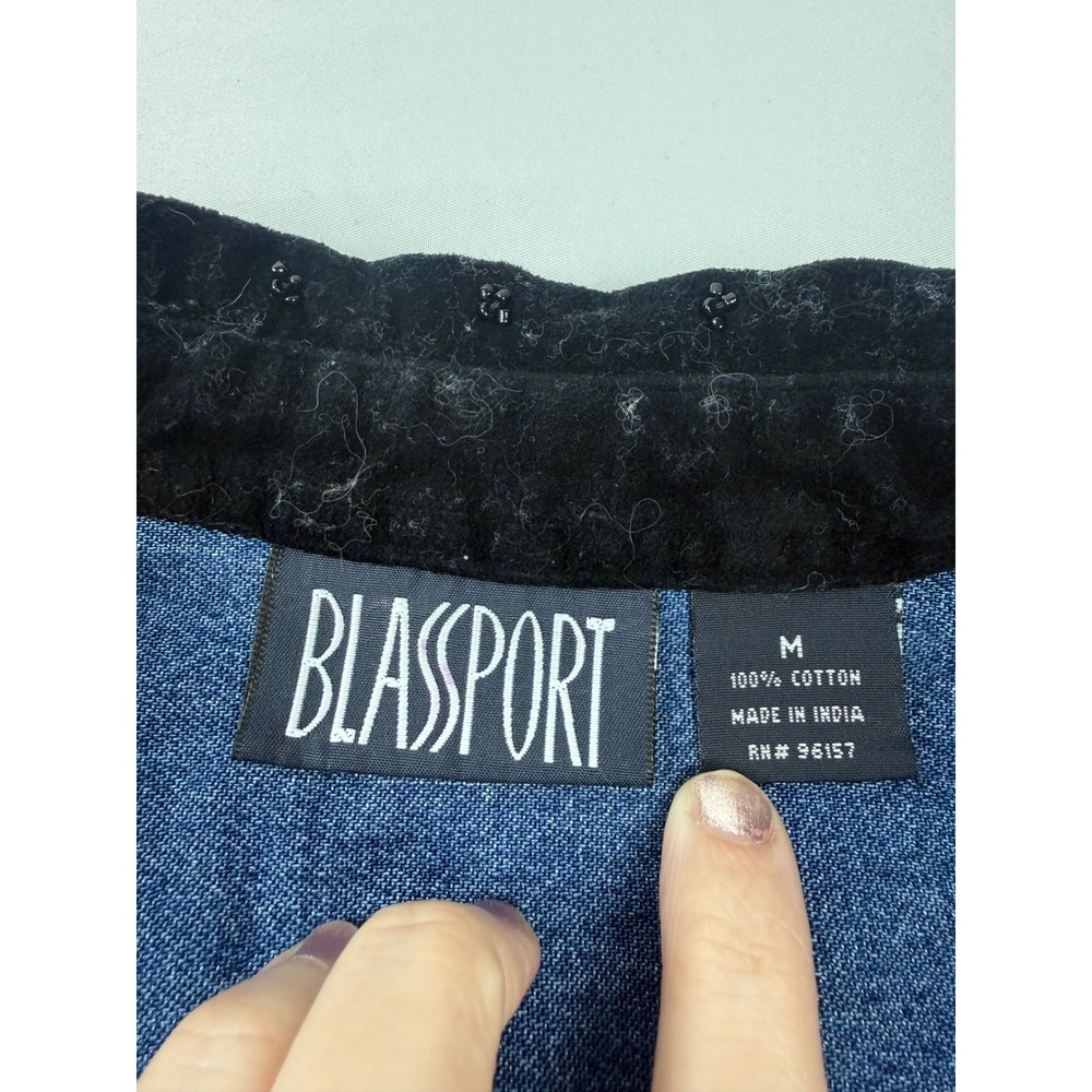 Blassport Denim Shirt Womens Medium Blue Embroidered Velvet Collar Beaded Cotton - Picture 6 of 9